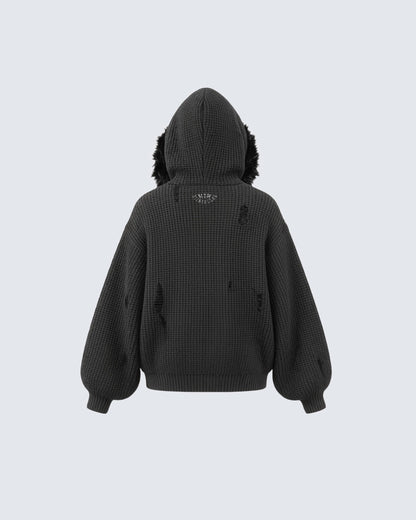 KIIKIO Destroyed Knitted Sweater Plush Coat
