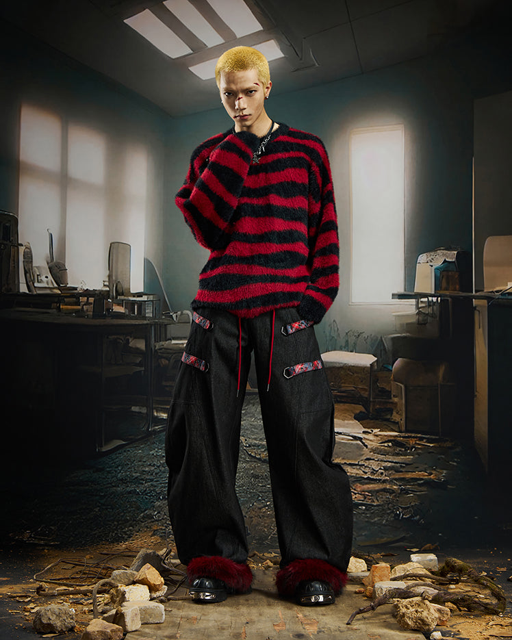 American Retro Plaid Patchwork Denim Pants