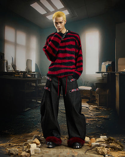 American Retro Plaid Patchwork Denim Pants