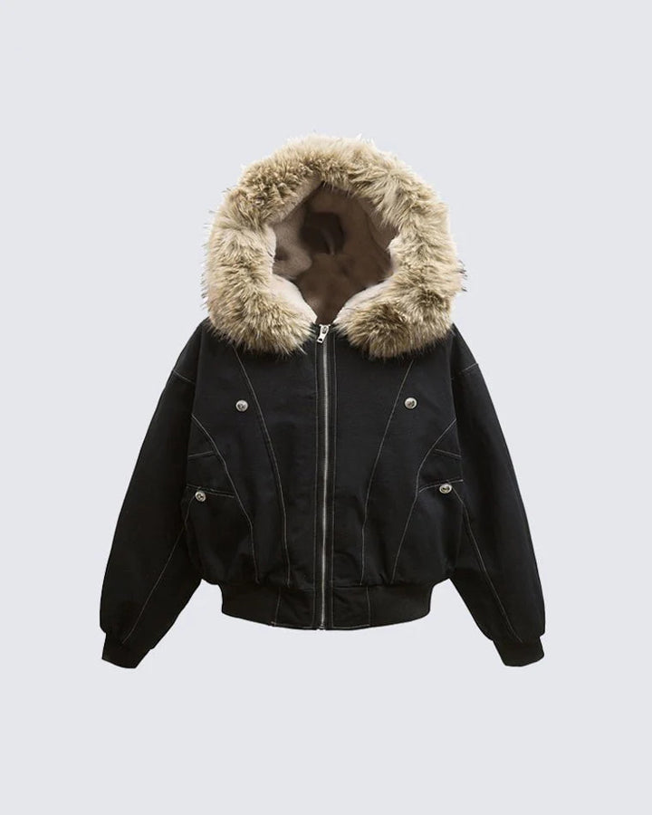 Vintage Hooded Fur Collar Jacket