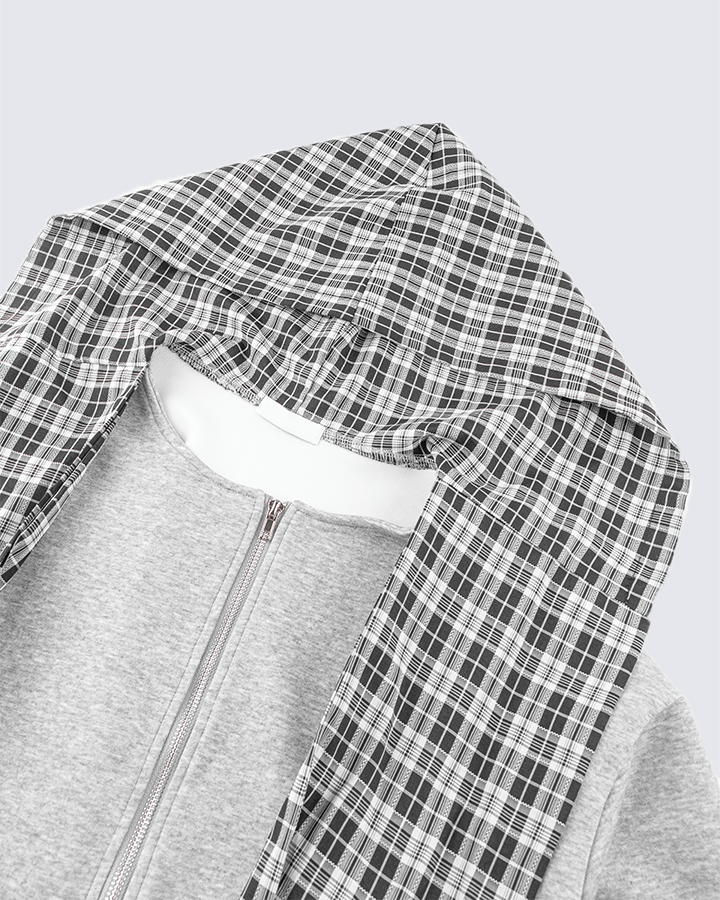 Plaid-Lined Dual-Wear Zip Hoodie