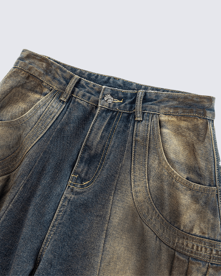 Faded Cargo Wide-Leg Denim Pants