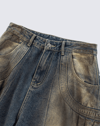 Faded Cargo Wide-Leg Denim Pants
