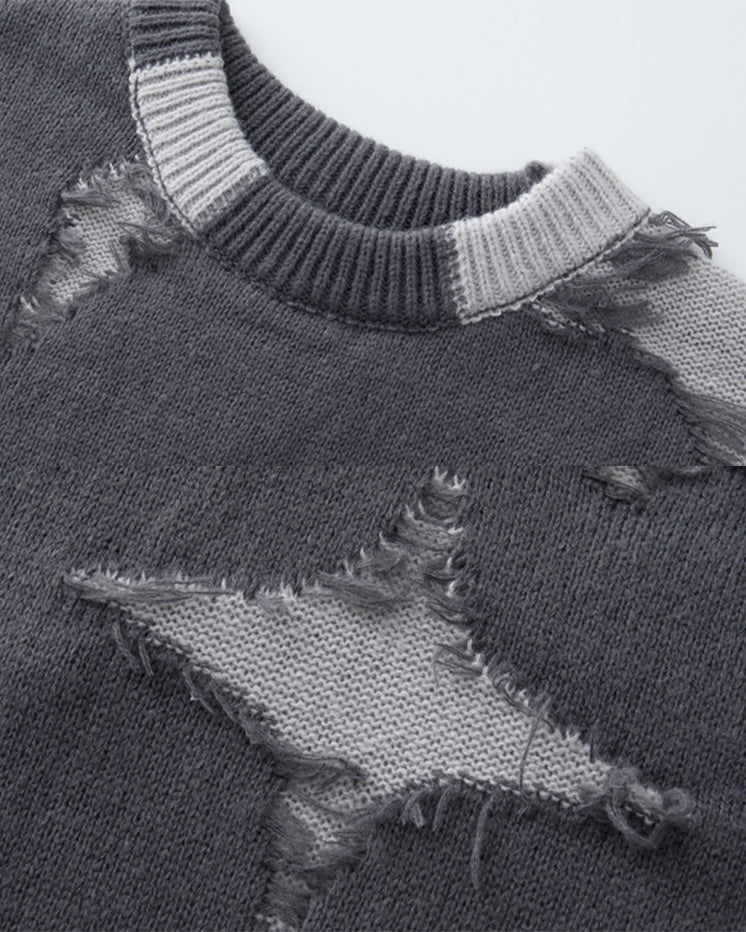 American High Street Hip-Hop Patchwork Frayed Sweater