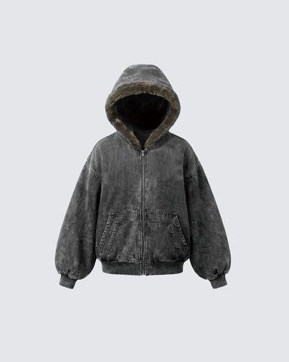 Cropped-Boxy Hoodie in Stone-Washed Cotton