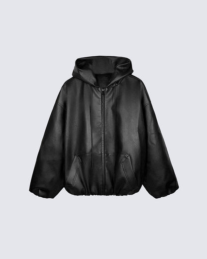 Oversized PU Leather Hooded Jacket