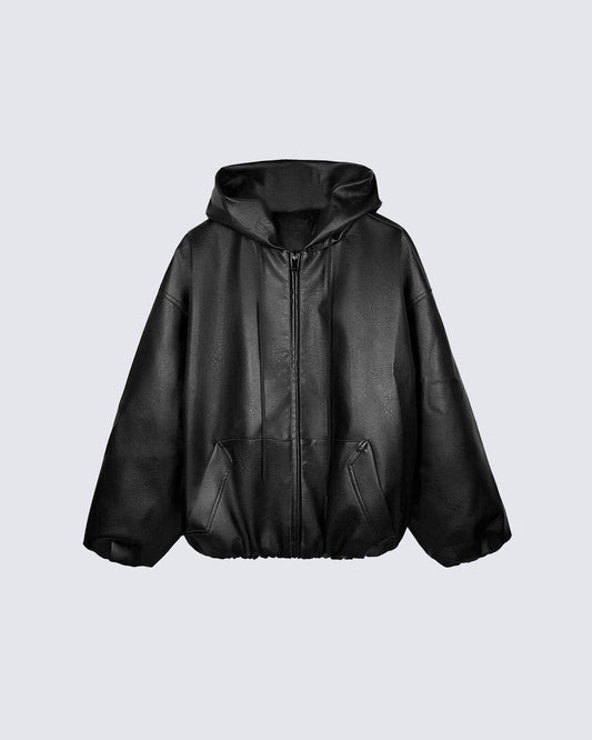 Oversized PU Leather Hooded Jacket