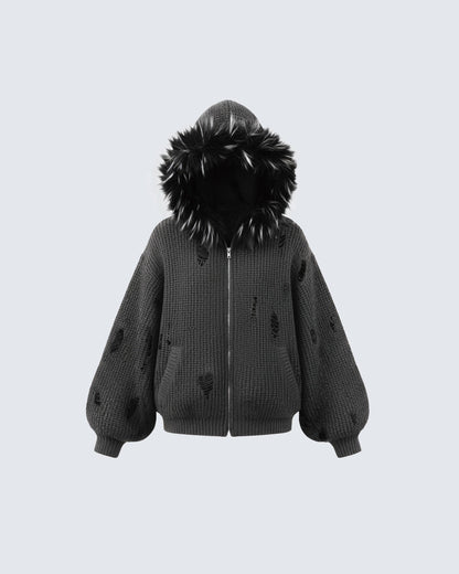 KIIKIO Destroyed Knitted Sweater Plush Coat