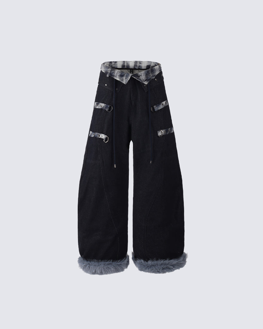 American Retro Plaid Patchwork Denim Pants