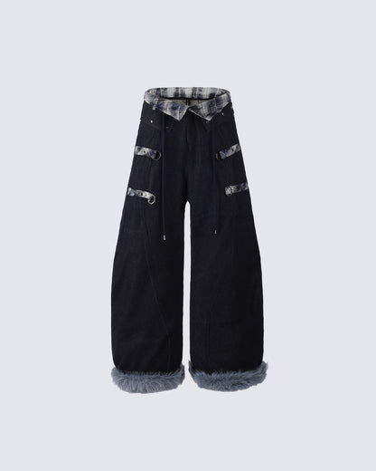 American Retro Plaid Patchwork Denim Pants
