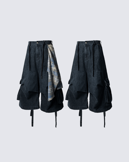 Utility Denim 3/4 Shorts with Detachable Back Flap