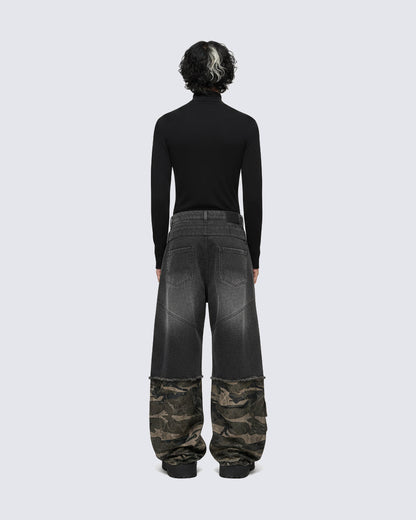 Double-Waist Camo Patchwork Distressed Wide-Leg Pants