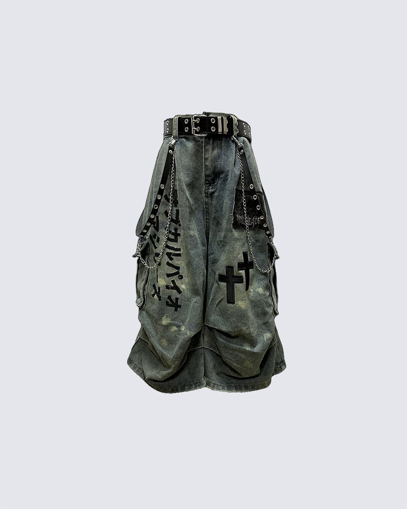 Gothic Washed Denim Shorts with Chains