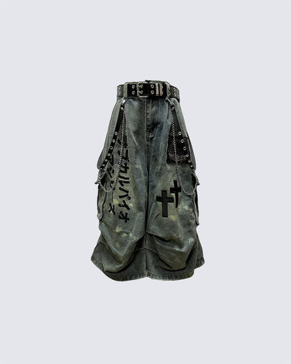 Gothic Washed Denim Shorts with Chains
