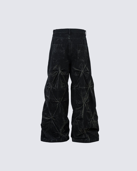 Crinkled Denim Cargo Pants