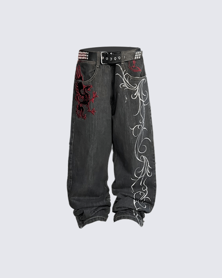Dragon Embroidery Gothic Loose Denim Pants