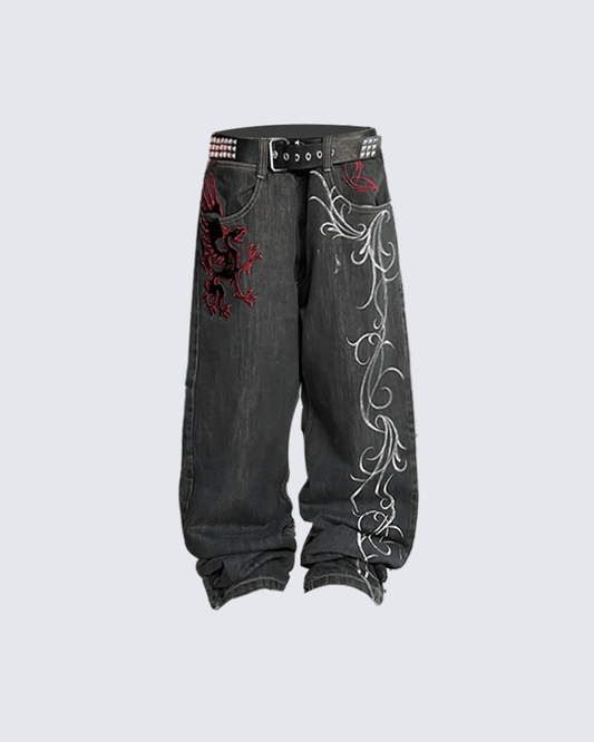 Dragon Embroidery Gothic Loose Denim Pants
