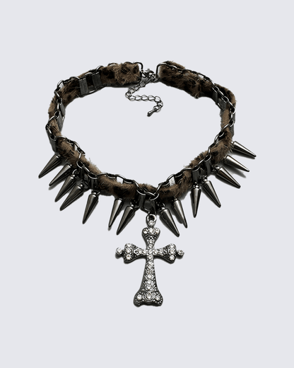 Faux Fur Spiked Cross Pendant Punk Choker