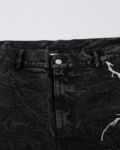 Washed Heavy Embroidery Denim Pants