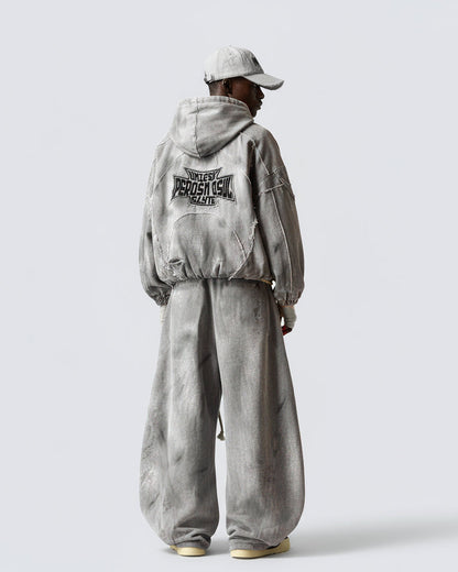 Distressed Dirty Curved-Cut Drawstring Sweatpants