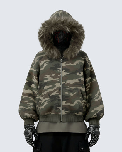Camouflage  Fur Collar Cotton Jacket