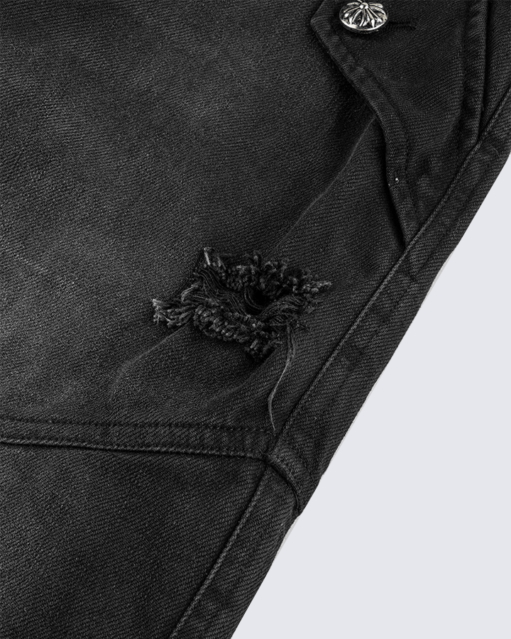 Double-Waist Camo Patchwork Distressed Wide-Leg Pants