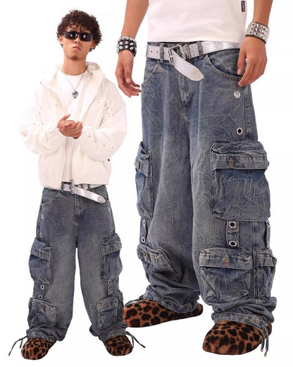 Multi-Pocket Washed Denim Pants
