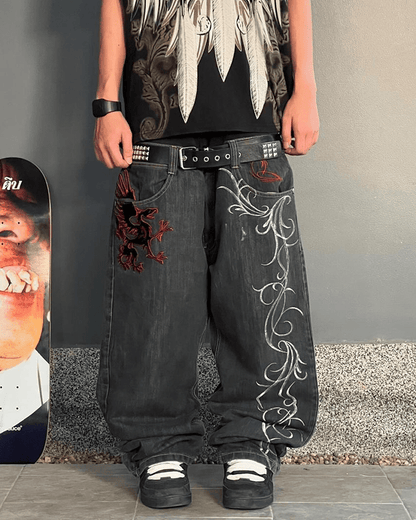 Dragon Embroidery Gothic Loose Denim Pants
