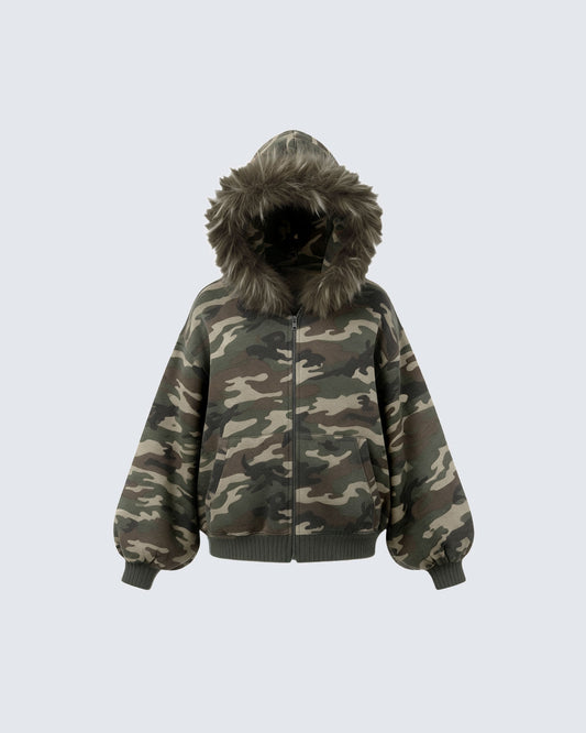 Camouflage  Fur Collar Cotton Jacket