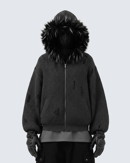 KIIKIO Destroyed Knitted Sweater Plush Coat