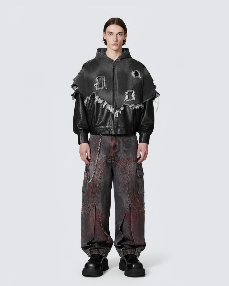 Red Fade 3D Panel Wide-Leg Denim Pants