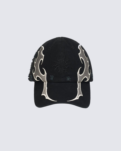 KIIKIO Black Baseball Cap with Flame Design and Sun Embroidery