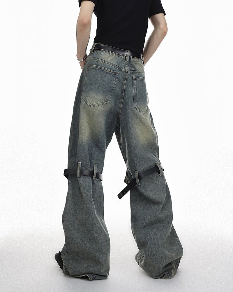 Vintage Buckle Strap Wide-Leg Jeans