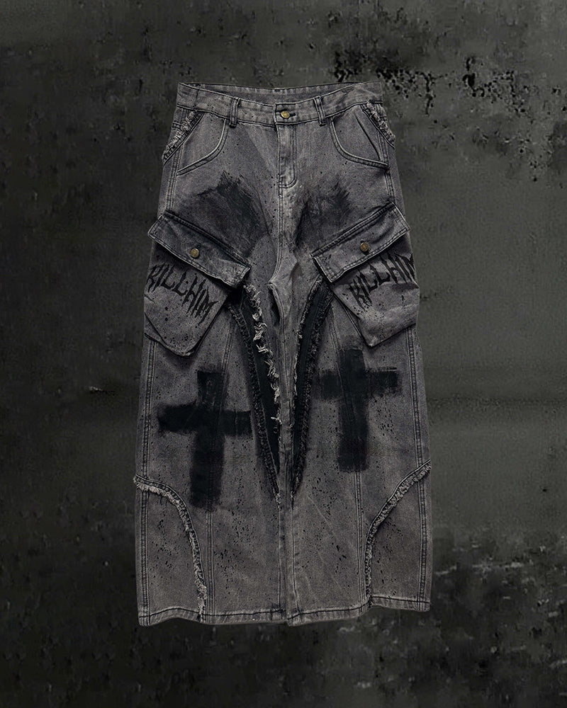 Paint-Splattered Distressed Wide-Leg Jeans