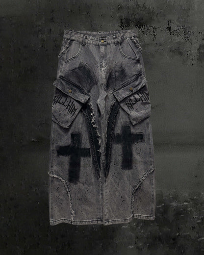 Paint-Splattered Distressed Wide-Leg Jeans