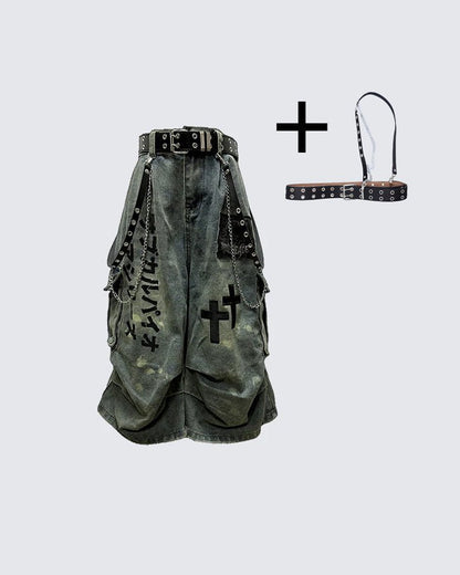 Gothic Washed Denim Shorts with Chains