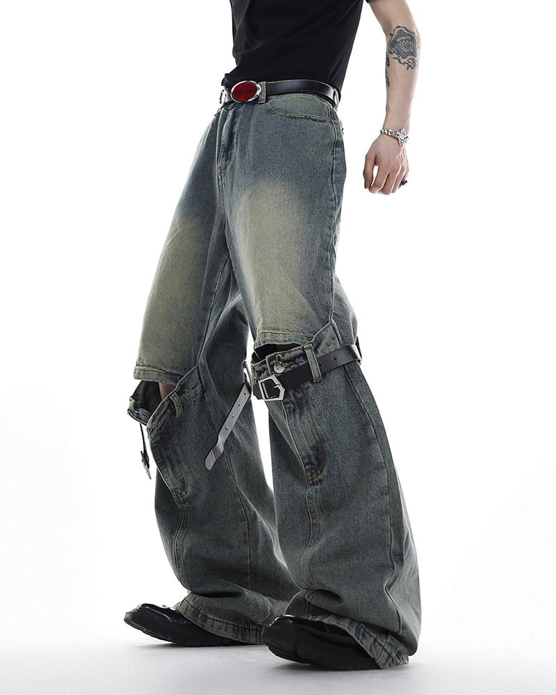 Vintage Buckle Strap Wide-Leg Jeans
