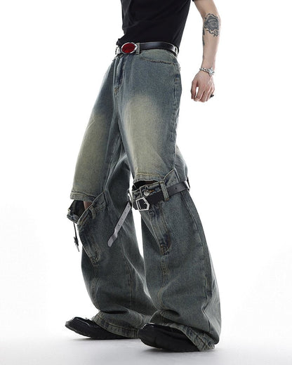 Vintage Buckle Strap Wide-Leg Jeans