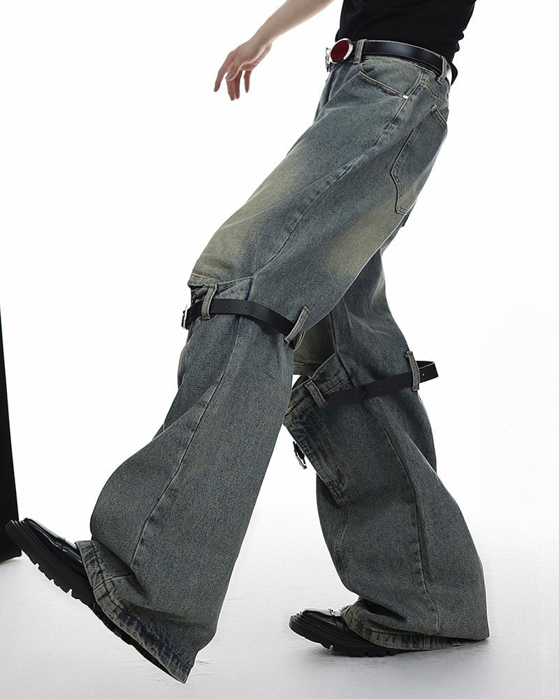 Vintage Buckle Strap Wide-Leg Jeans
