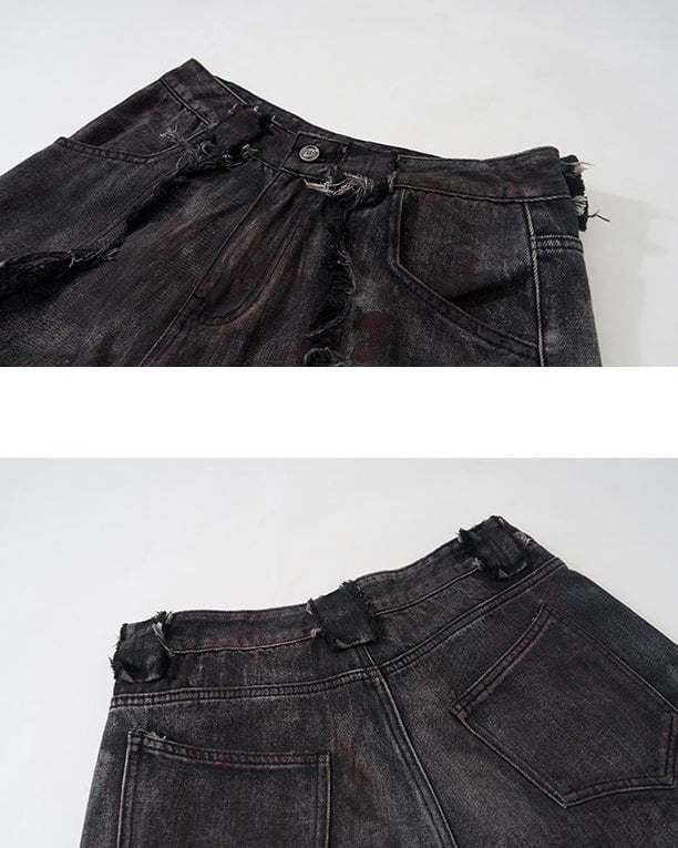 KIIKIO Distressed Black Denim Wide-Leg Pants with Frayed Details