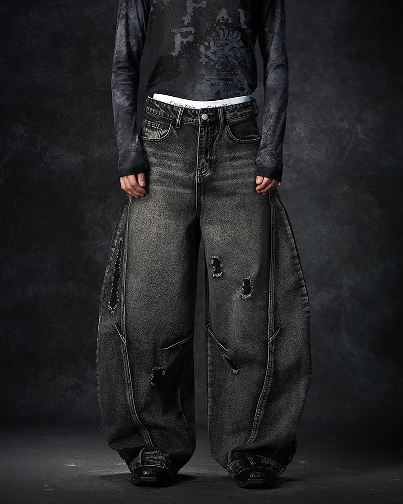 Distressed Washed Loose Blade-Cut Jeans