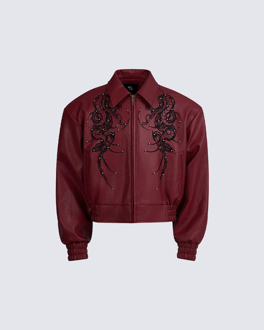 Embroidered Faux Leather Moto Jacket
