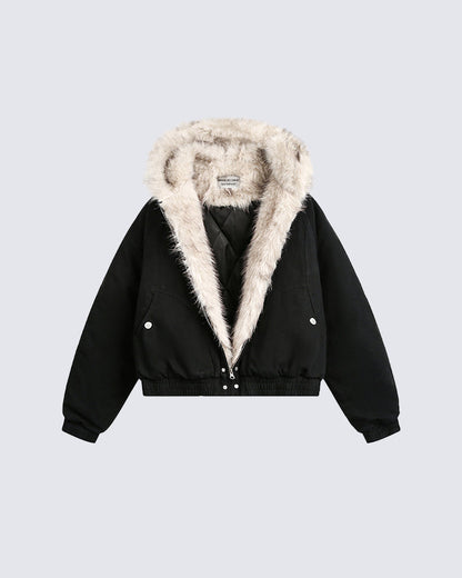 Structured Faux Fur Collar Padded Hooded Jacket