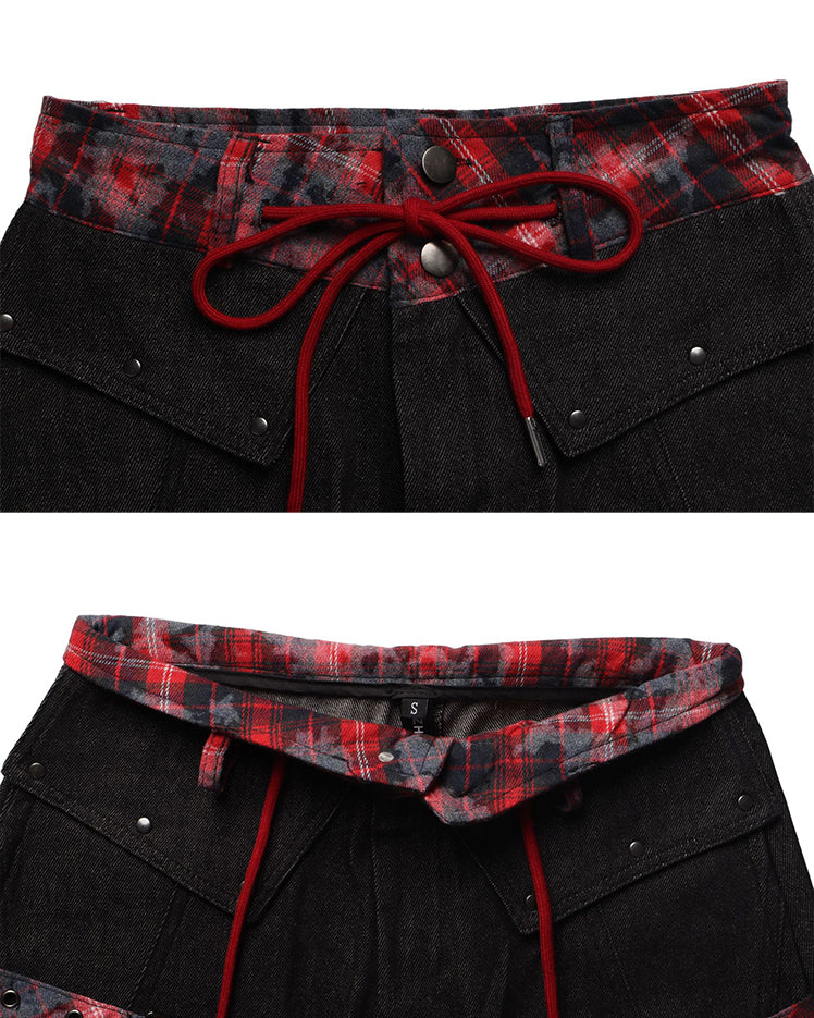 American Retro Plaid Patchwork Denim Pants