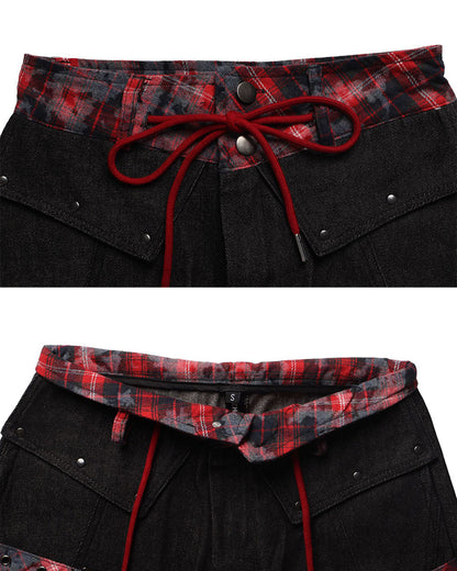 American Retro Plaid Patchwork Denim Pants