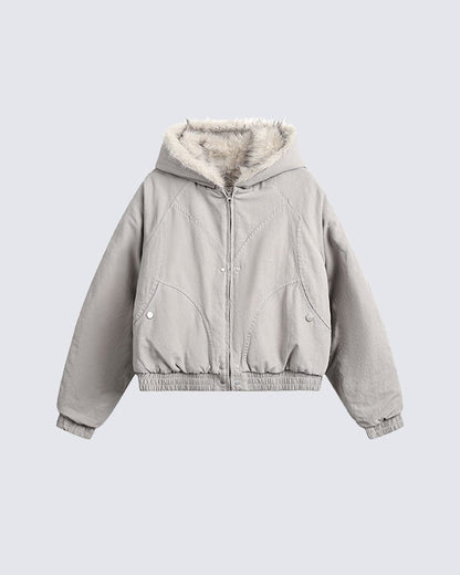 Structured Faux Fur Collar Padded Hooded Jacket