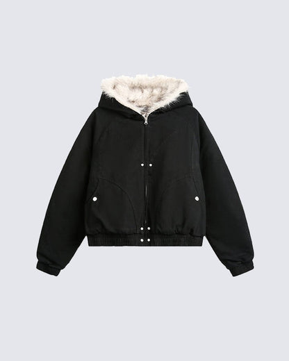 Structured Faux Fur Collar Padded Hooded Jacket