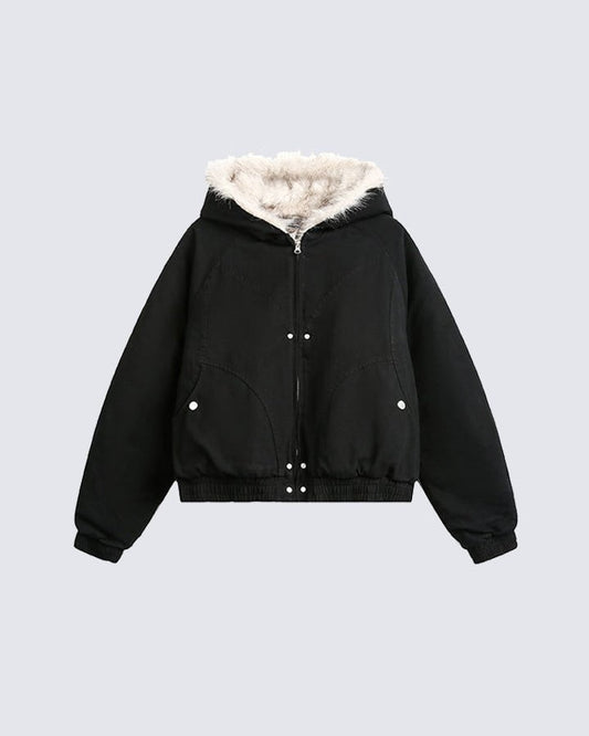 Structured Faux Fur Collar Padded Hooded Jacket