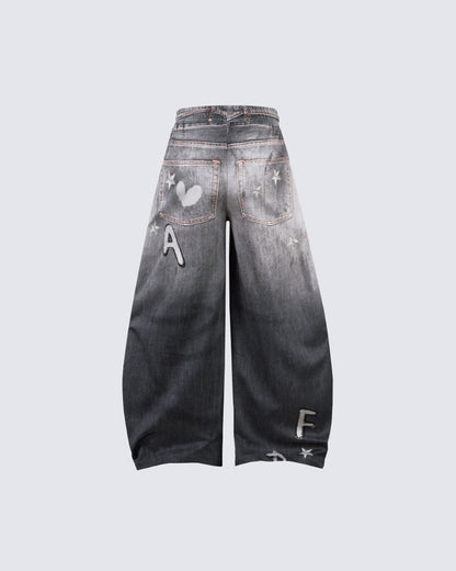 American High-Street Hand-Drawn Cat Print Scimitar Pants
