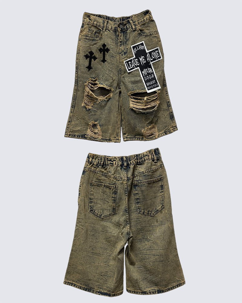 Distressed Gothic Patchwork Denim Shorts with Chains